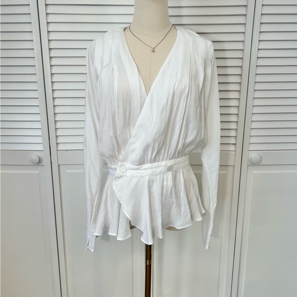 Express Tops - SOLD💗 Express White Satin Long Sleeve Faux Wrap Top Deep V-neck Ruffle Blouse